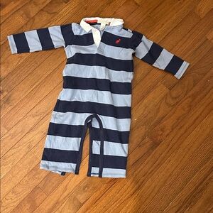 The Beaufort Bonnet Company Sir Proper’s Rugby Romper Navy/Periwinkle stripe 2T